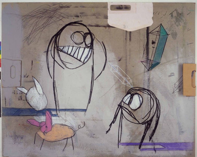 Lekcja geometrii&nbsp;&nbsp;&nbsp;&nbsp;1987&nbsp;&nbsp;&nbsp;&nbsp;kredka olejowa, akryl i collage&nbsp;&nbsp;&nbsp;&nbsp;76 x 104cm