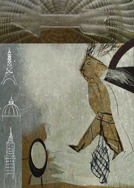 Z siatką na zakupy&nbsp;&nbsp;&nbsp;&nbsp;2004&nbsp;&nbsp;&nbsp;&nbsp;kredka olejowa i collage
