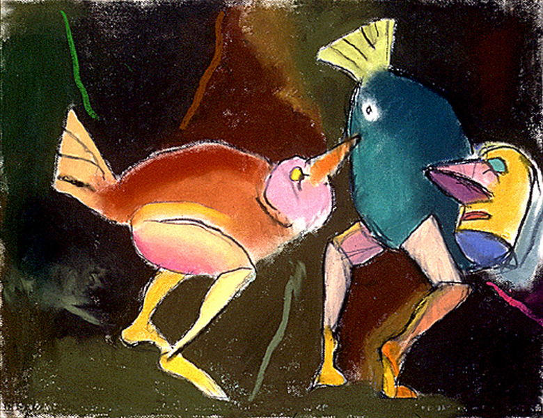 Po ptakach XX&nbsp;&nbsp;&nbsp;&nbsp;1993&nbsp;&nbsp;&nbsp;&nbsp;kredka olejowa&nbsp;&nbsp;&nbsp;&nbsp;50 x 70cm